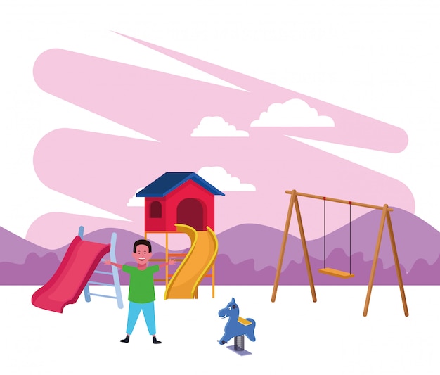 kids zone, happy boy with slide swing and spring horse playground