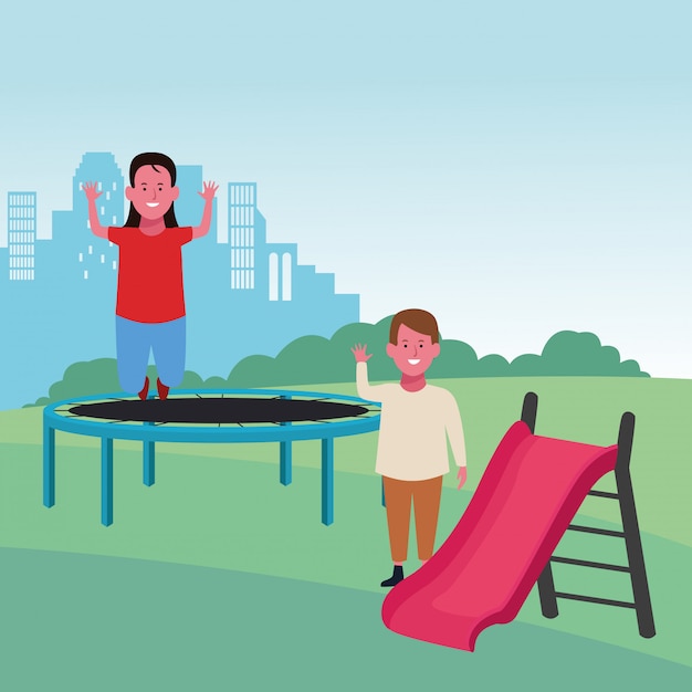 Kids zone, happy girl jumping trampoline and boy with slide playground