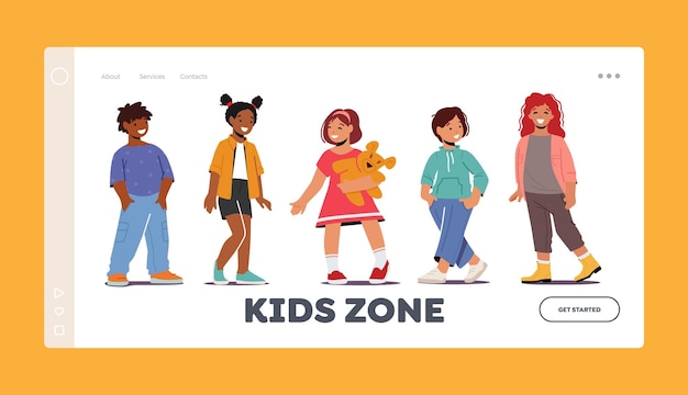 Vector kids zone landing page template. smiling multiracial boys and girls toddlers characters wearing fashionable clothes. children smile, positive emotions, friendship. cartoon people vector illustration