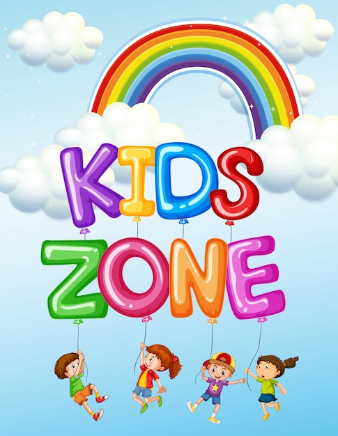 Vector kids zone lettering with children illustration