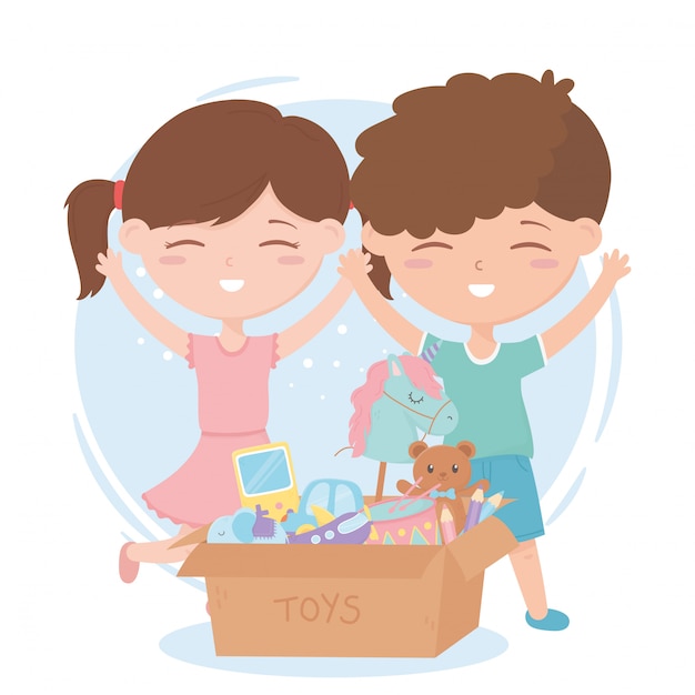 Kids zone, little boy and girl with cardboard box of toys