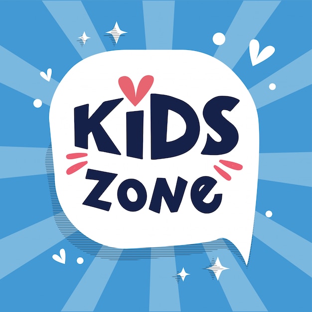 Детская зона логотип, баннер на речи пузырь с лучами, рисованной надписи состав