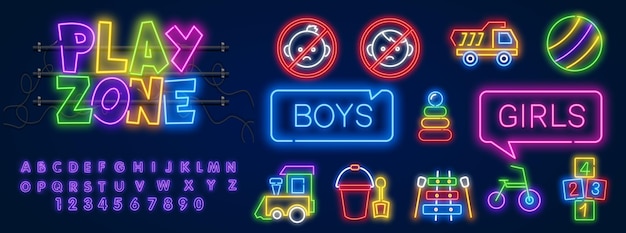 Kids zone neon banner vector ontwerpsjabloon plaats voor plezier en speel neonlicht banner ontwerpelement