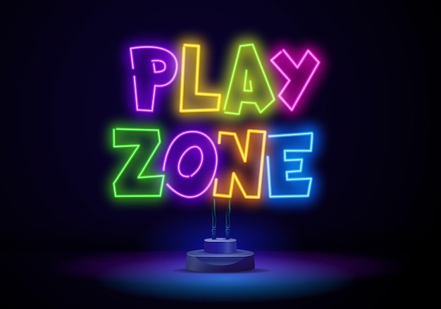 Kids zone neon sign bright signboard light banner kids area logo emblem vector illustration