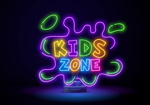 Kids zone neon text with toy car amusement park and advertisement design night bright neon sign colo