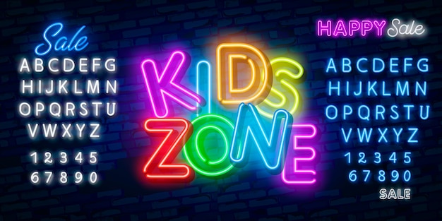 Kids Zone ontwerp sjabloon neon teken, licht banner, neon uithangbord, nachtelijke heldere reclame, licht opschrift.