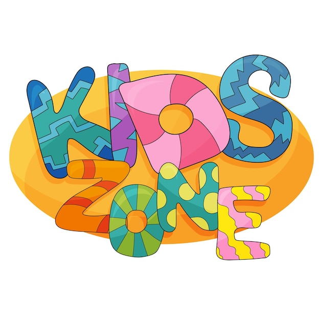 キッズゾーンベクトル漫画のロゴ。子供のプレイルームの装飾のためのカラフルなバブル文字。孤立した背景の碑文