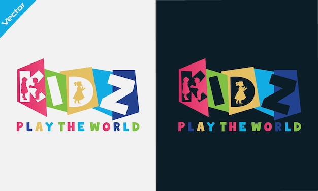 Kidz testo kindergarten logo design template vettoriale