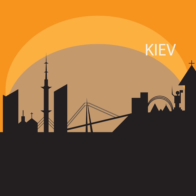 Kiev skyline in orange background in editable vector file