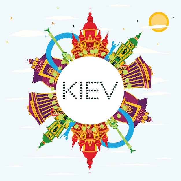 Горизонты Киева с цветными зданиями, голубым небом и копией пространства. Векторные иллюстрации. Деловые поездки и концепция туризма с исторической архитектурой. Изображение для презентационного баннера и веб-сайта.