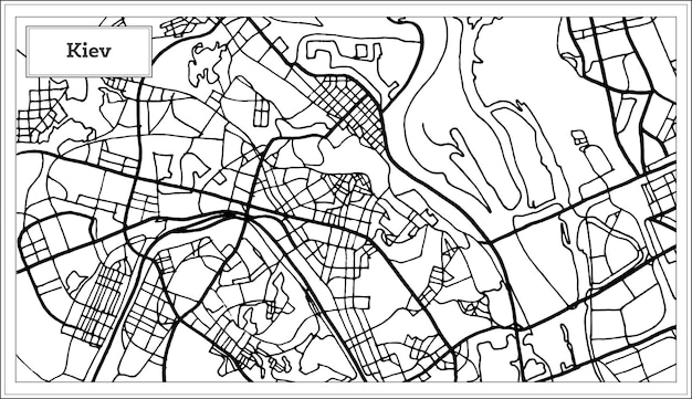 黒と白の色でキエフウクライナの地図。ベクトルイラスト。白地図。