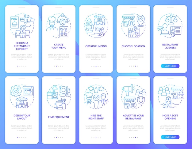Kiezen voor restaurantideeën met blauwe gradiënt onboarding mobiele app-schermset