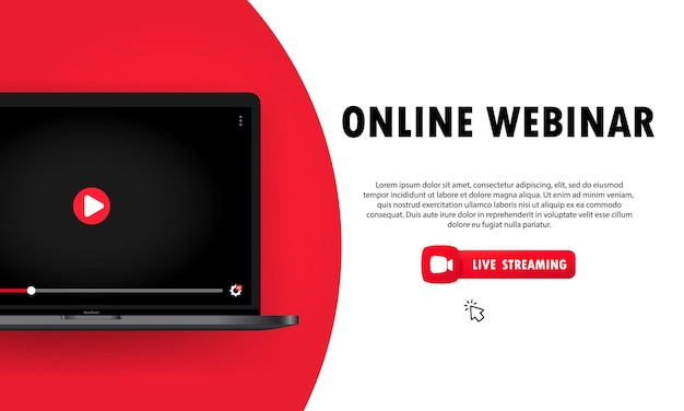 Kijken naar online webinar over laptopillustratie en online les, lezing, seminar, training, cursus.