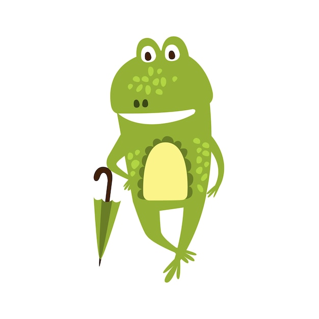 Kikker Met Paraplu Platte Cartoon Groene Vriendelijke Reptielen Dierlijke Karakter Tekening