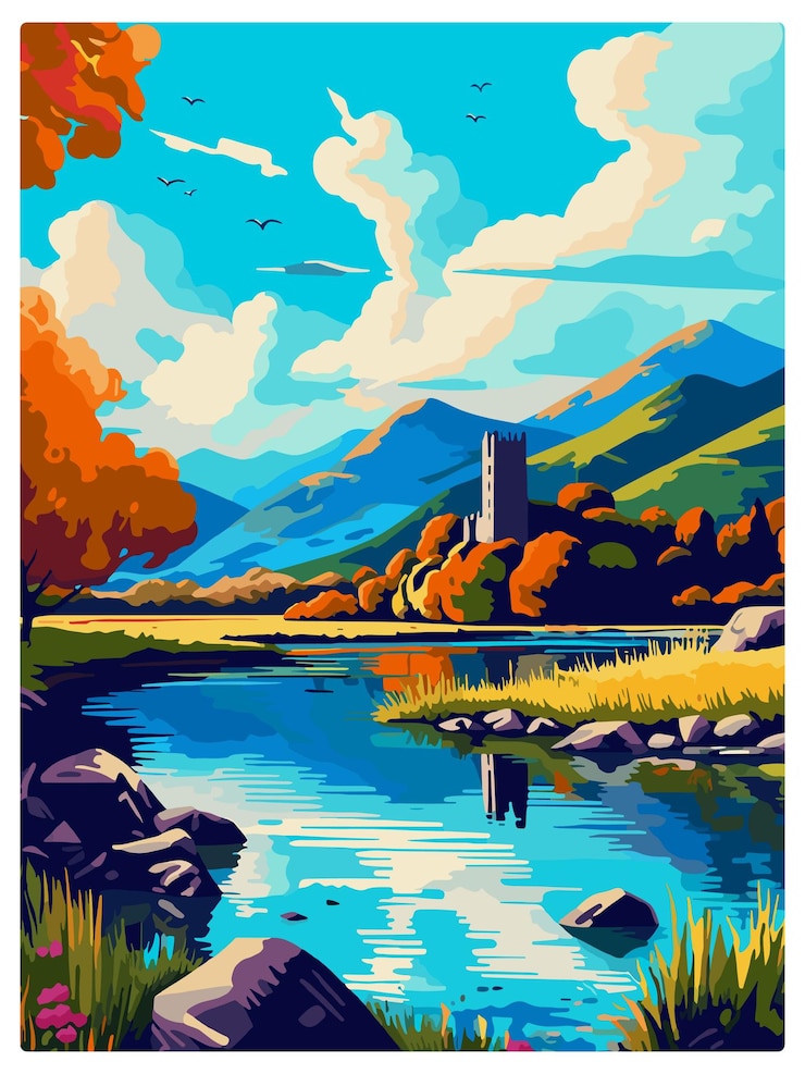 Vector killarney national park ireland uk vintage travel poster wall art print souvenir postcard portrait