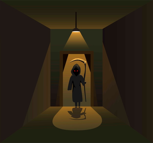 Vector killer angel sillhouette behind door on dark corridor room horror scene concept in cartoon illustration