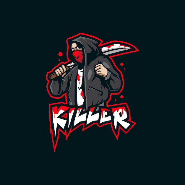 Vettore di design del logo della mascotte killer con uno stile di illustrazione moderno per la stampa di badge, emblemi e magliette. illustrazione dell'assassino con la spada in mano.