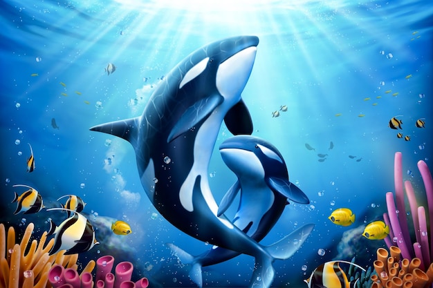 Vector killer whales family with coral