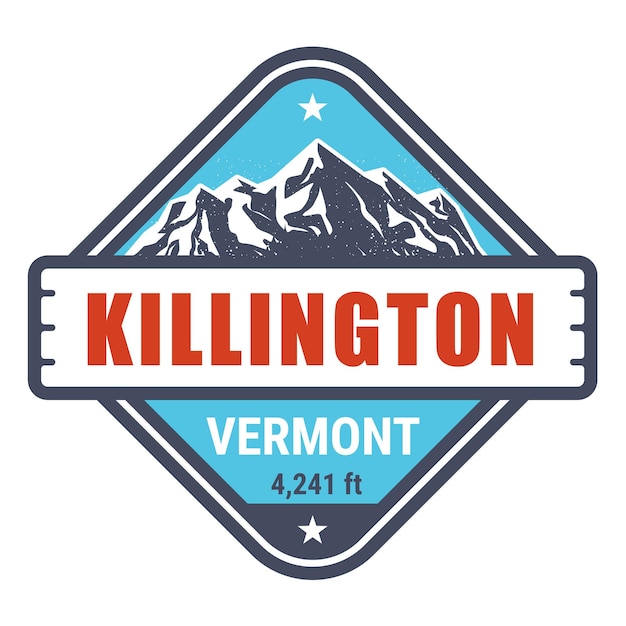 Emblema del francobollo della stazione sciistica di killington vermont con vettori di montagne coperte di neve