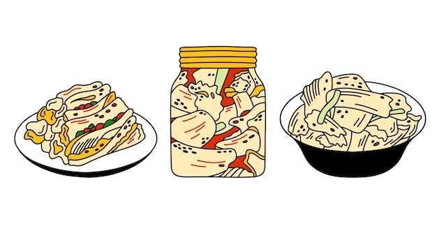 Kimchi in jar bowl on the plate korean cuisine vector set