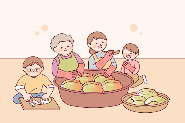 韓国のキムジャンの日 家族が一緒にキムチを作っている 子供がキムチを試食している