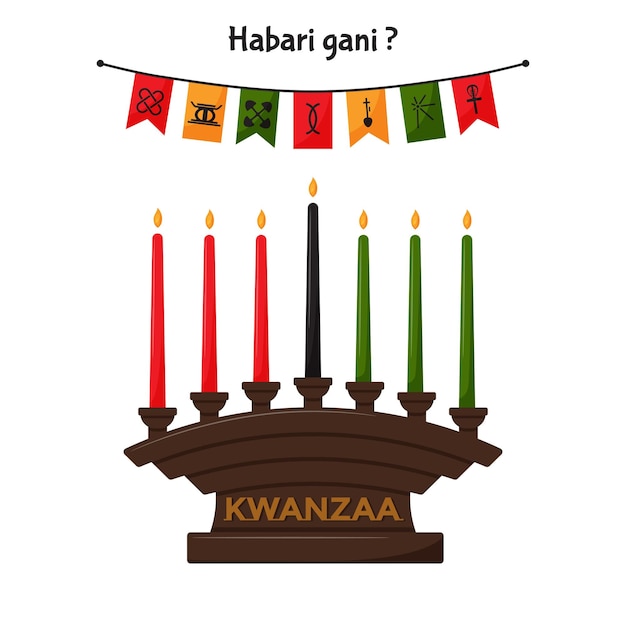 Kinara подсвечник с 7 традиционными свечами Kwanzaa Праздничные флаги с символами Kwanzaa Habari Gani Суахили Перевод Что такое новости Плоская векторная иллюстрация изолирована на белом