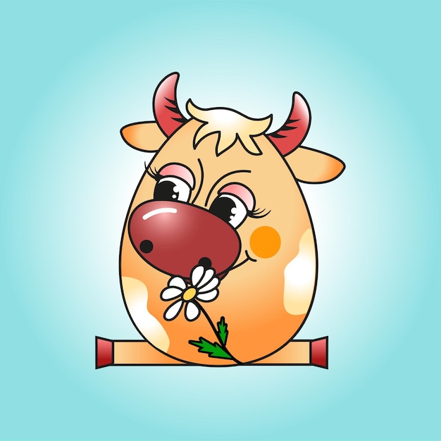 Una mucca gentile con una camomilla a forma di uovo di pasqua.