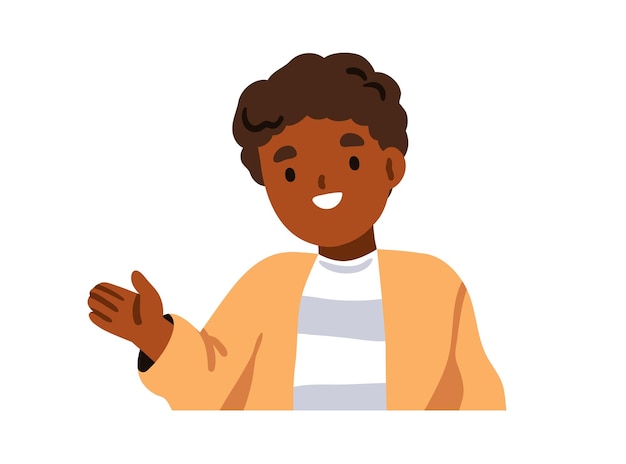 Kind die hallo zwaait en hallo zegt Gelukkige Afro-Amerikaanse zwarte jongen begroet met handgebaar en glimlach portret Aardelijk schattig kind personage Platte vector illustratie geïsoleerd op witte achtergrond
