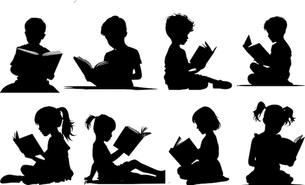 Kind en meisje Lezen boek silhouet groep