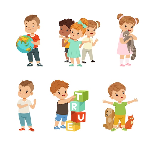 親切で美しい小さな女の子と男の子のキャラクター 弱者を保護し,トイ・ブロックの真の言葉を構築する ベクトルイラストセット