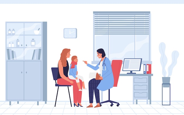 kind female pediatrician examining girls throat flat illustration