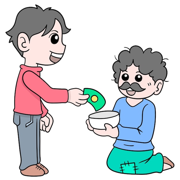 A kind and handsome young man giving alms of money to beggars, vector illustration art. doodle icon image kawaii.