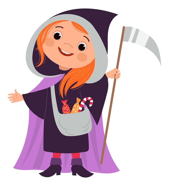 Kind in reaper kostuum spooky party cartoon personage