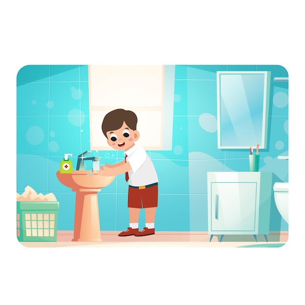 Kind in schooluniform handen wassen om de ziektekiemen te doden, kind in de badkamer, kind hand schoonmaken