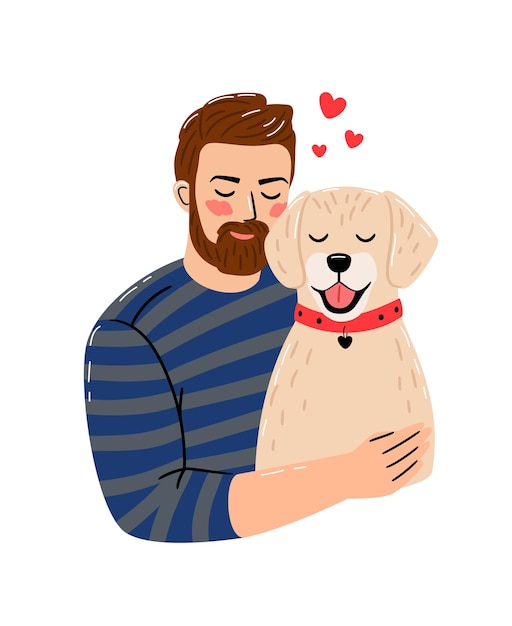 Kind man hugs dog Relaxing friendship of kid and pet with hearts isolated on white background vector illustration