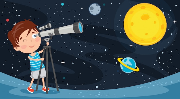 Kind met behulp van telescoop voor astronomisch onderzoek