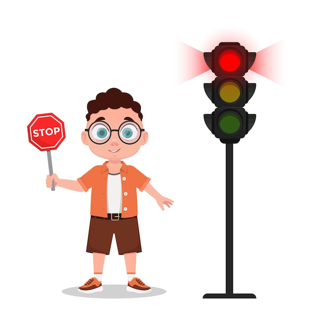 Kind met stopbord. Het verkeerslicht geeft een rood sein aan. vector illustratie