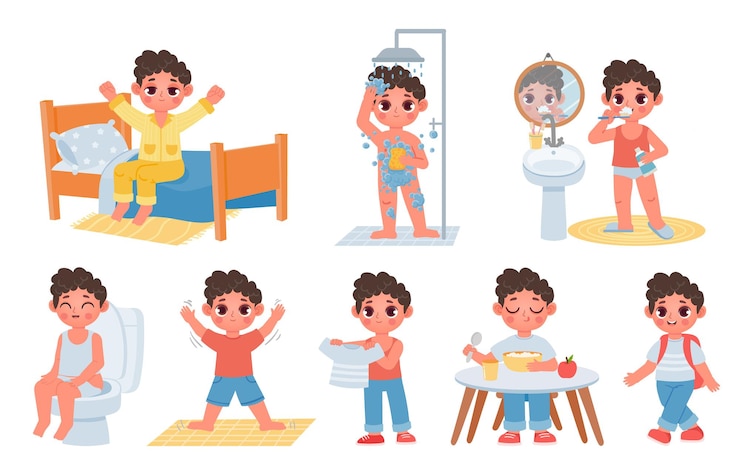 Vector kind ochtend dagelijkse routine met schattige stripfiguur jongen. kind wakker worden, hygiëne doen, tanden poetsen en op het potje zitten. dagschema vector set
