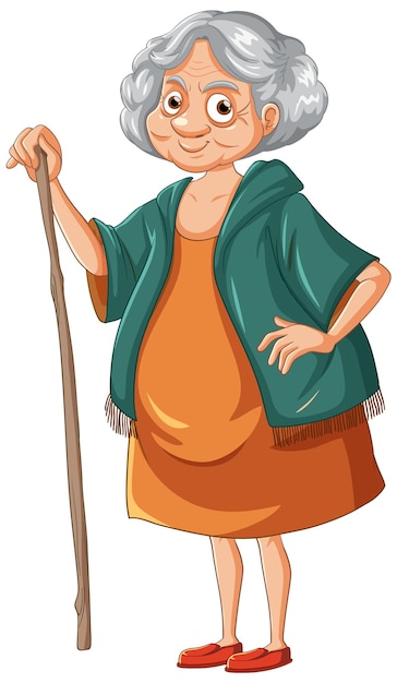 Vector kind old woman cartoon character with woody stick