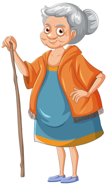 木の棒を持つ親切な老婦人の漫画のキャラクター