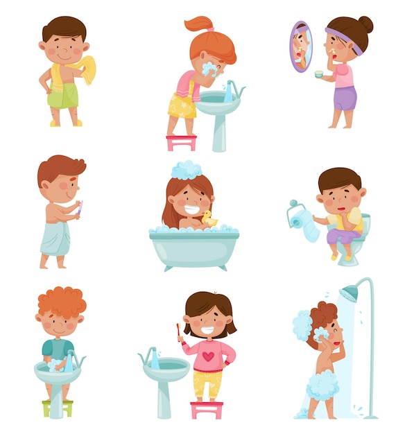 Vector kind personages nemen een bad en poetsen tanden vector illustraties set