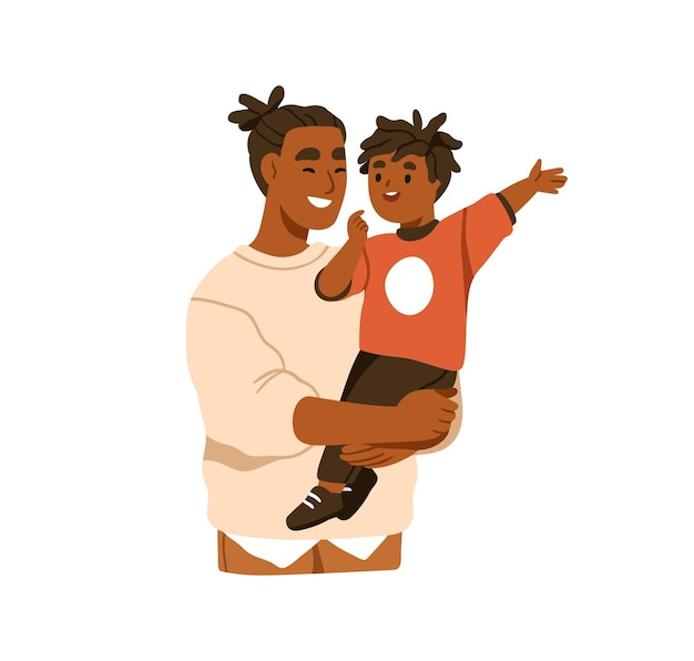 Kind praat met vader Gelukkige opgewonden kind jongen praat met vader lacht Ouder en peuter zoon communicatie relatie concept Platte vector illustratie geïsoleerd op witte achtergrond
