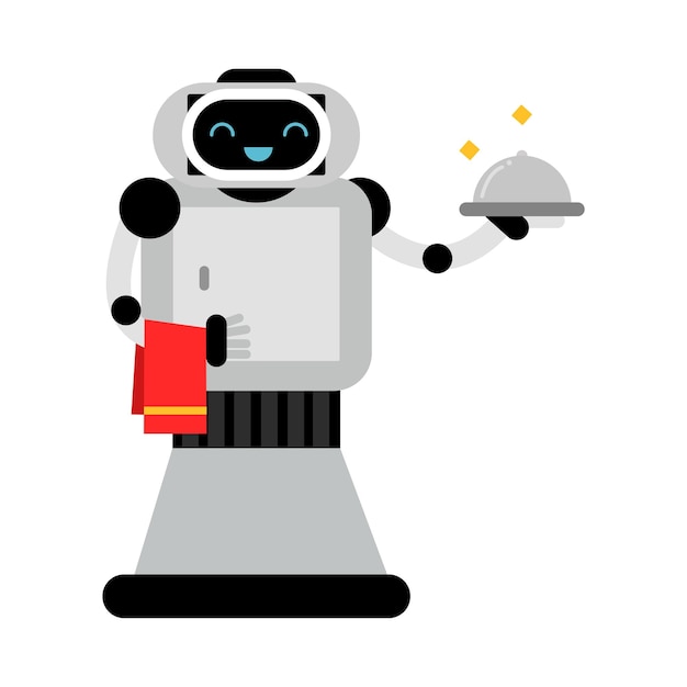 Kind robot home helper holds a closed dish vector illustration