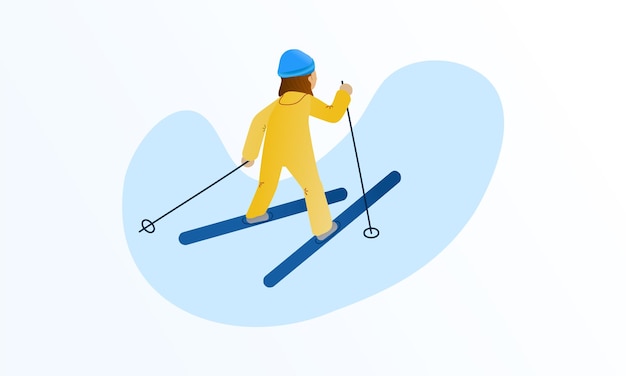 Kind skiën in de winter vectorillustratie Geïsoleerde afbeelding kind Gele winter jumpsuit blauwe ski's