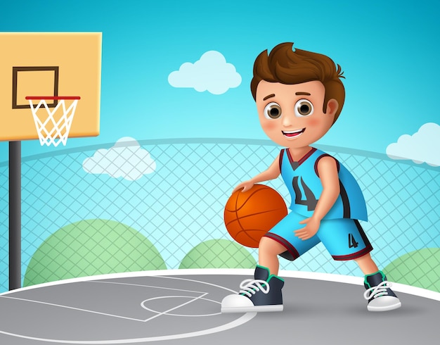 Kind spelen basketbal vector teken jonge schooljongen dragen basketbal uniform in basketbal