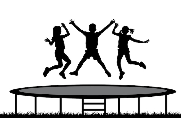 Kind springt op een trampoline silhouet springen vrolijke vrienden kinderen springen op trampoline