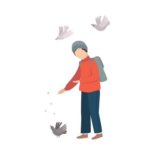 Kind stopte met het voeden van duiven op weg naar huis van school vector illustratie