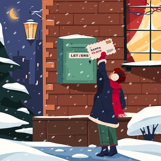 Kind stuurt brief naar de kerstman vector illustratie wintervakantie kind zet enveloppe in de brievenbus