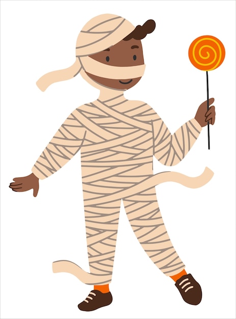 Kind verkleed als mummie voor Halloween in vlakke stijl Eng kostuumfeest voor kinderen