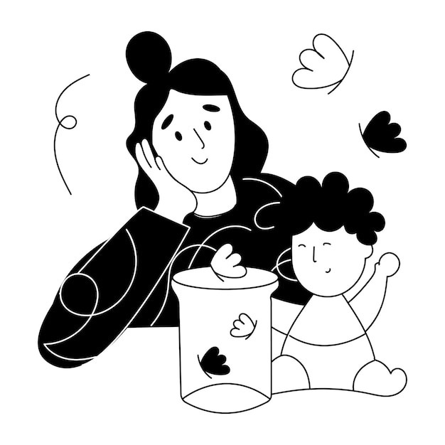 Kind wenschende moeder met de hand getekende illustratie